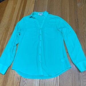Express The Portofino Shirt Women XS Bright Green Roll Tab Long Sleeve Button Up
